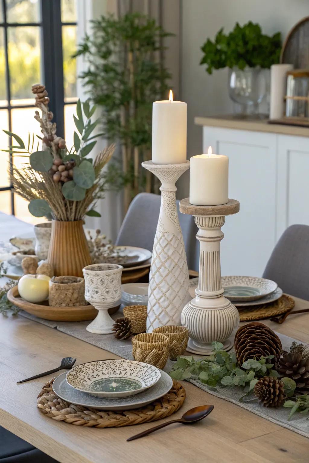 A dining table exhibiting decorative items with varied heights.