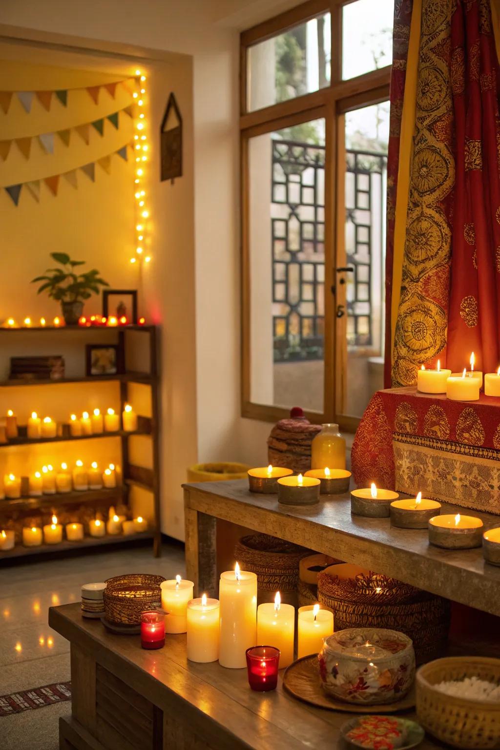 Scented candles add fragrance and warmth.