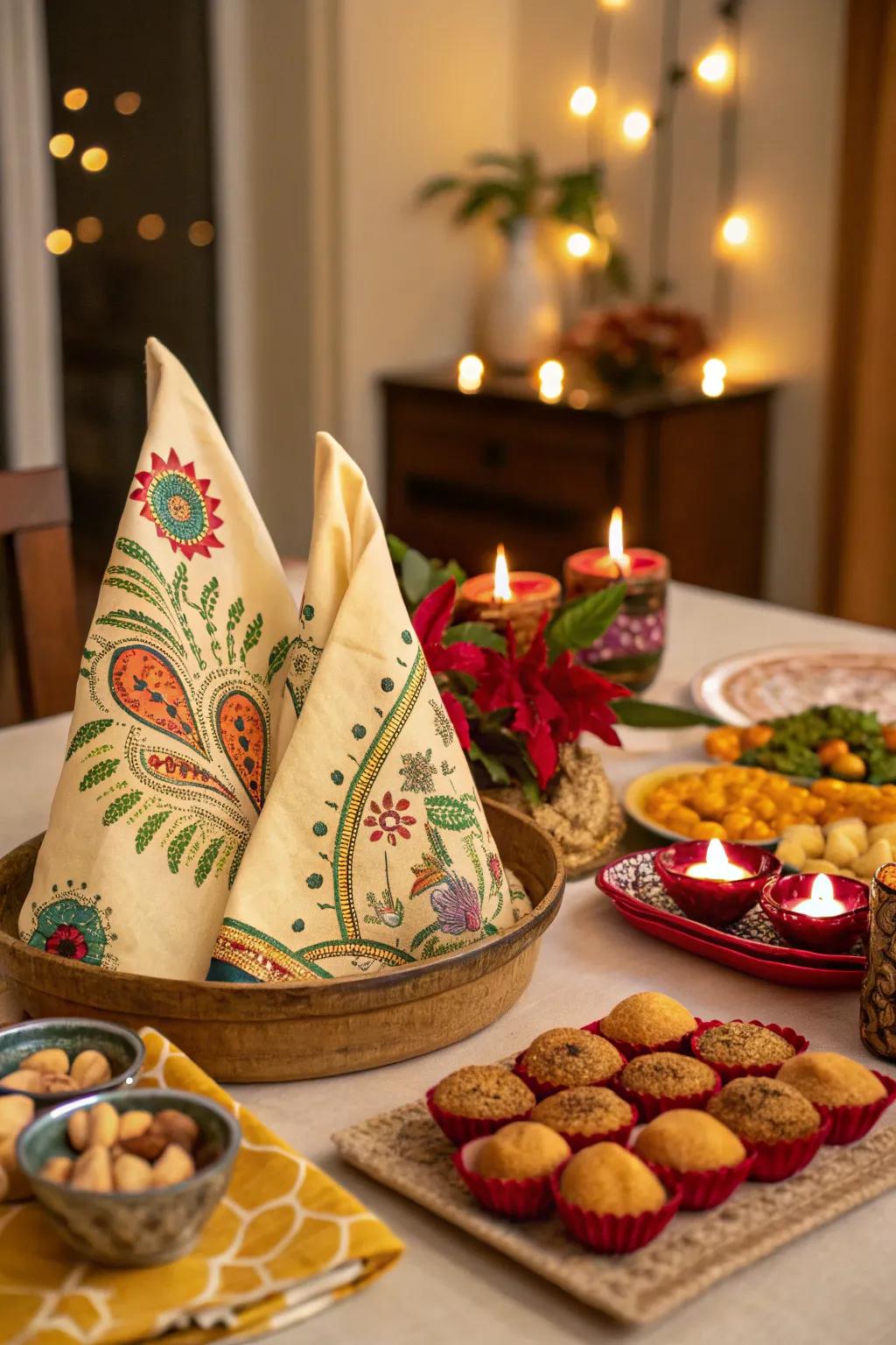 Creative napkin folds influenced by traditional art forms add a special touch to the table.
