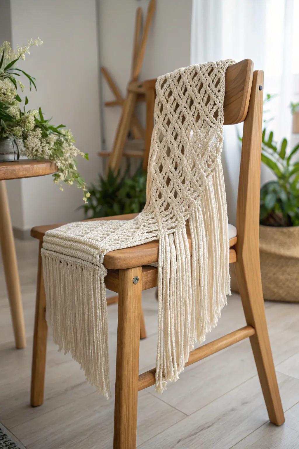 Include a hint of timeless bohemian grace in your baby shower using a handcrafted macramé seating textile.