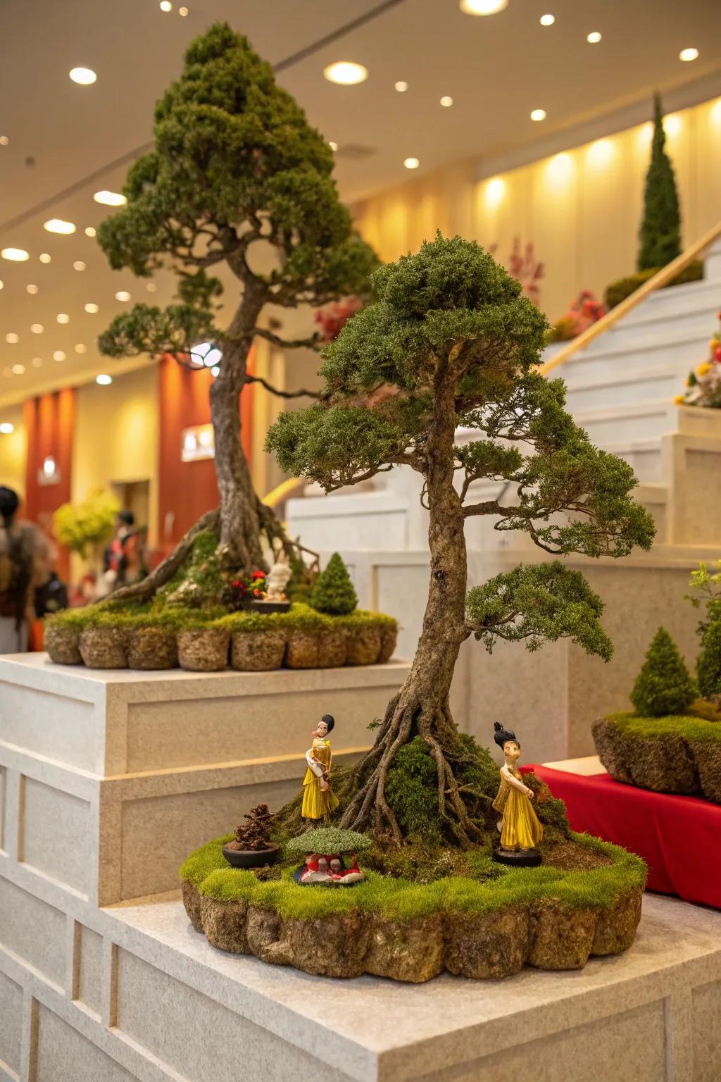 Wire and bryophyte foliage introduce a natural component to the Golu setup.
