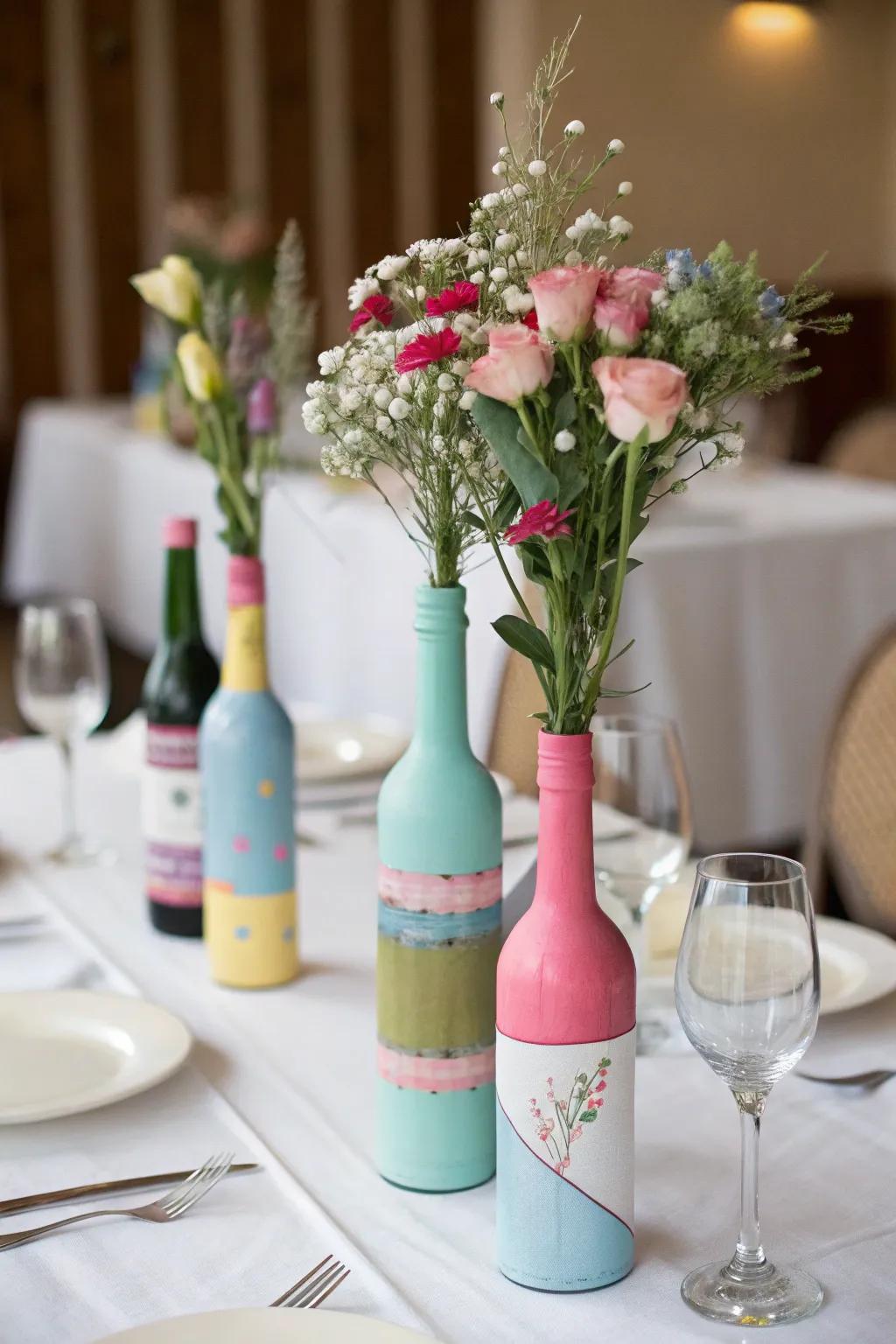 Focal points using wine bottles that are creative and green.