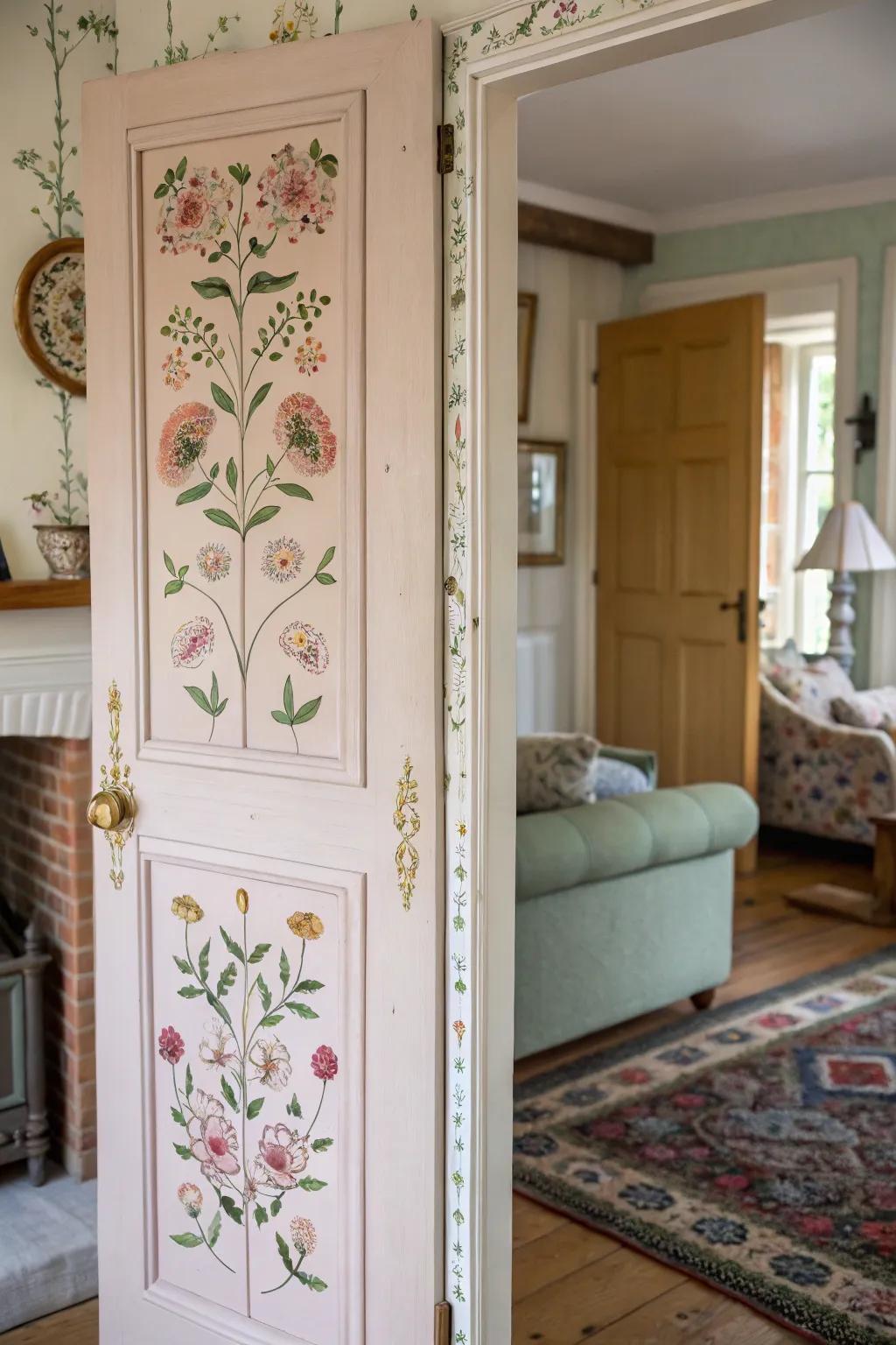 Botanical patterns on doors add grace and natural beauty.