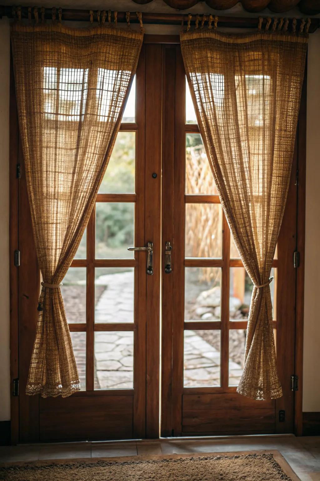 Braided wood drapery brings natural beauty and privacy to entryway windows.