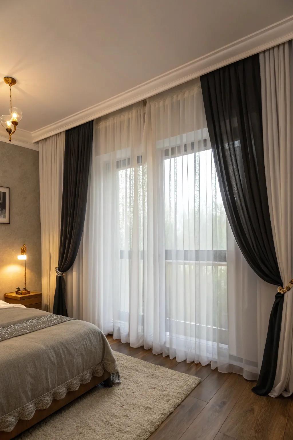 These blackout layers ensure optimal privacy and light control in this serene bedroom setting.