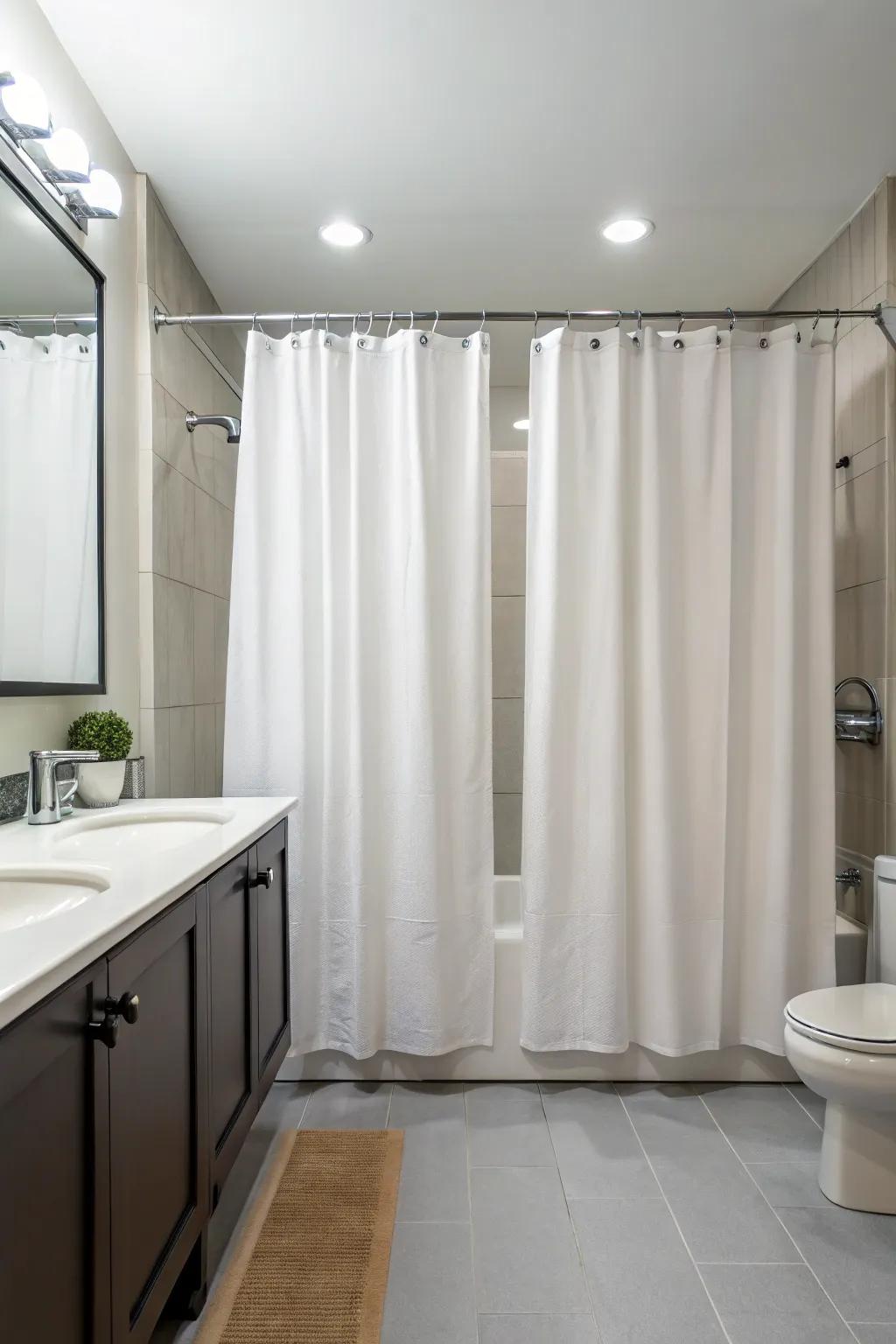 Proportion in drape design enhances equilibrium in a minimalist lavatory.