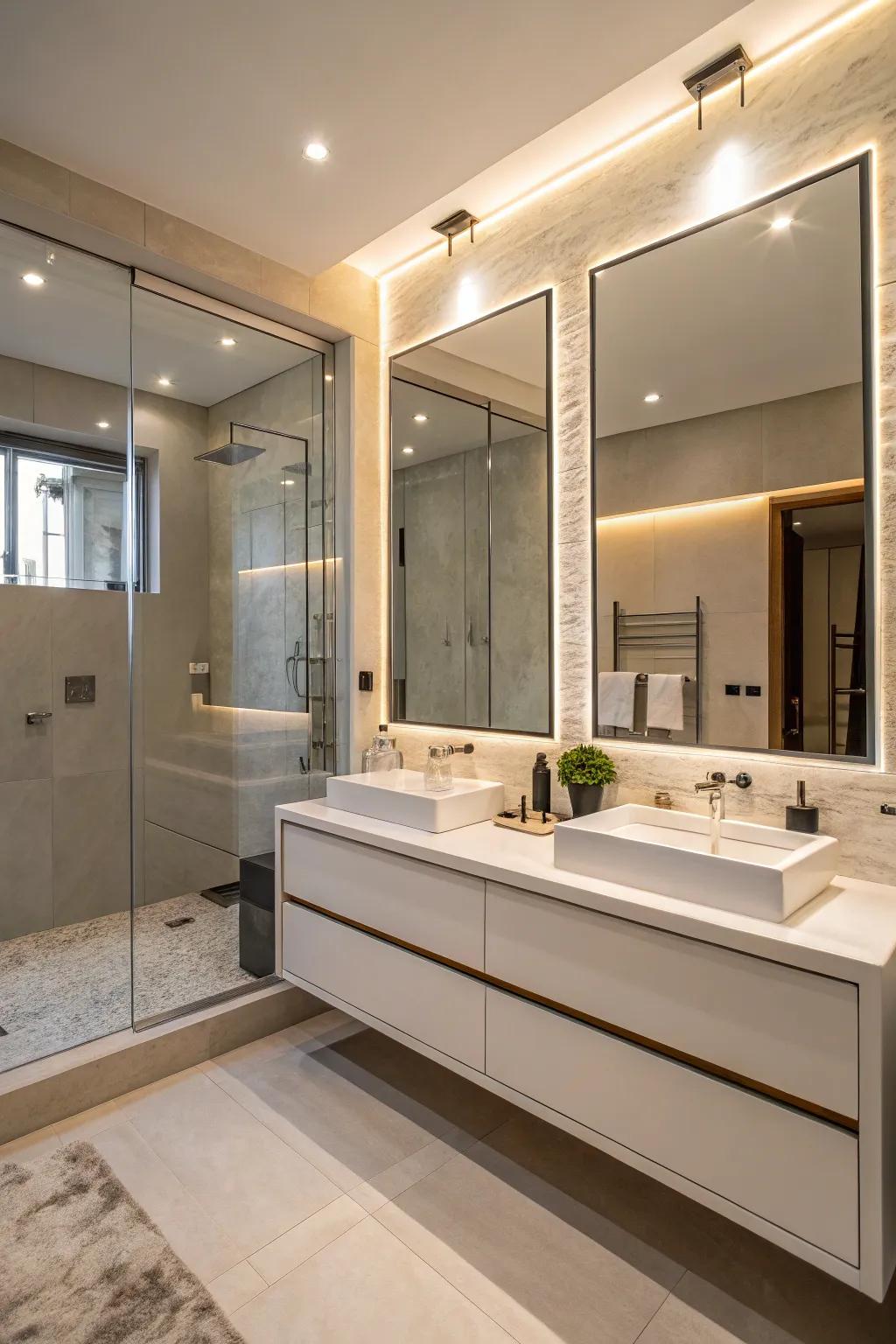 Suspended vanities create a streamlined and expansive atmosphere.
