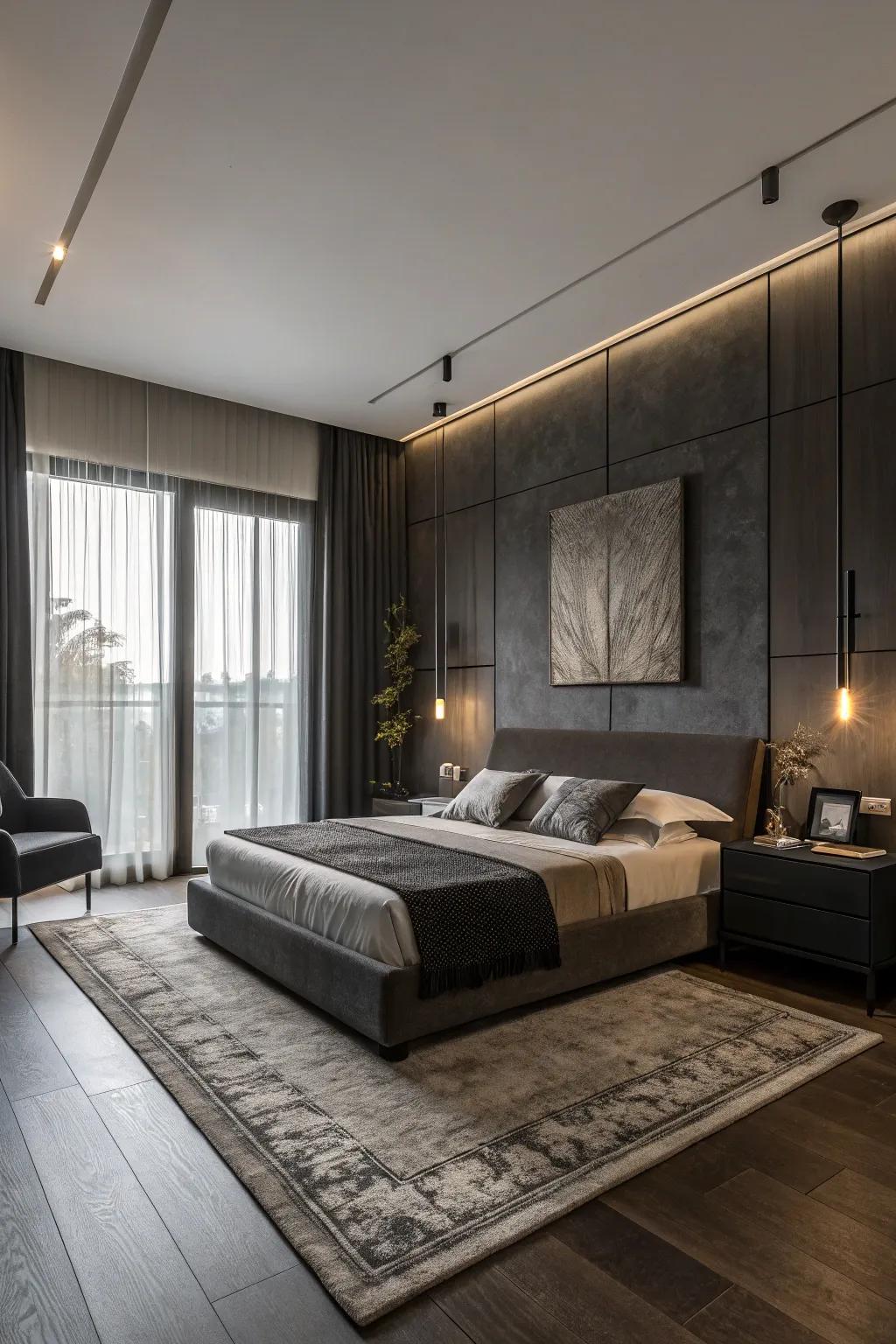 Understated decor permits shadowy hues to take prominence.