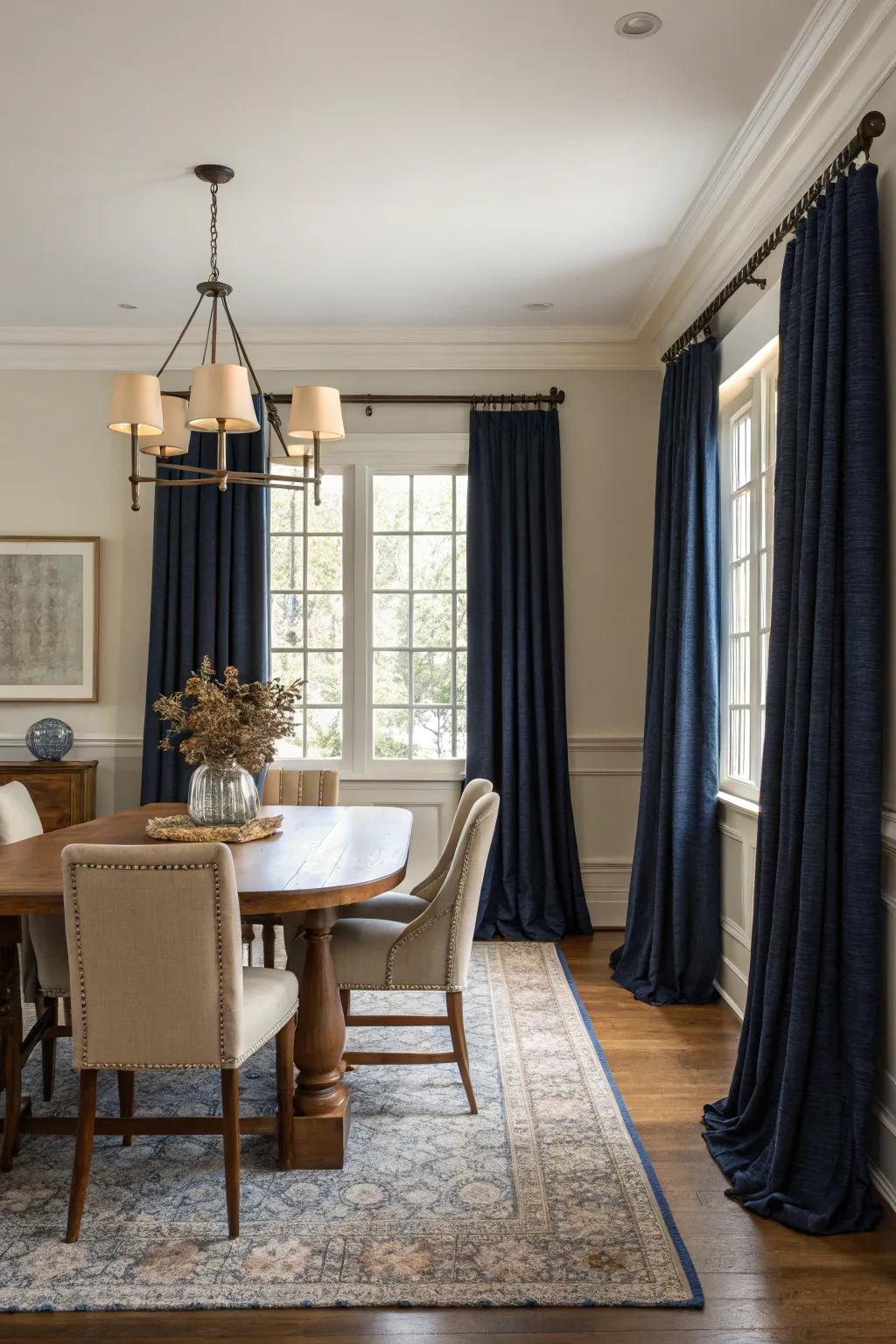 Navy drapes providing a stylish contrast in a dining room.