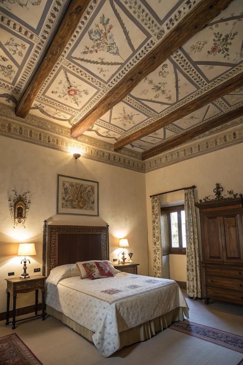 Ceiling details add unexpected character to the bedroom.