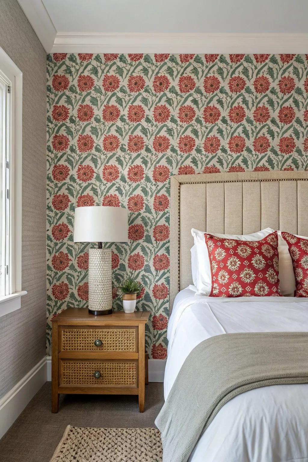 A bedroom wall decorated with bold adhesive wallpaper.