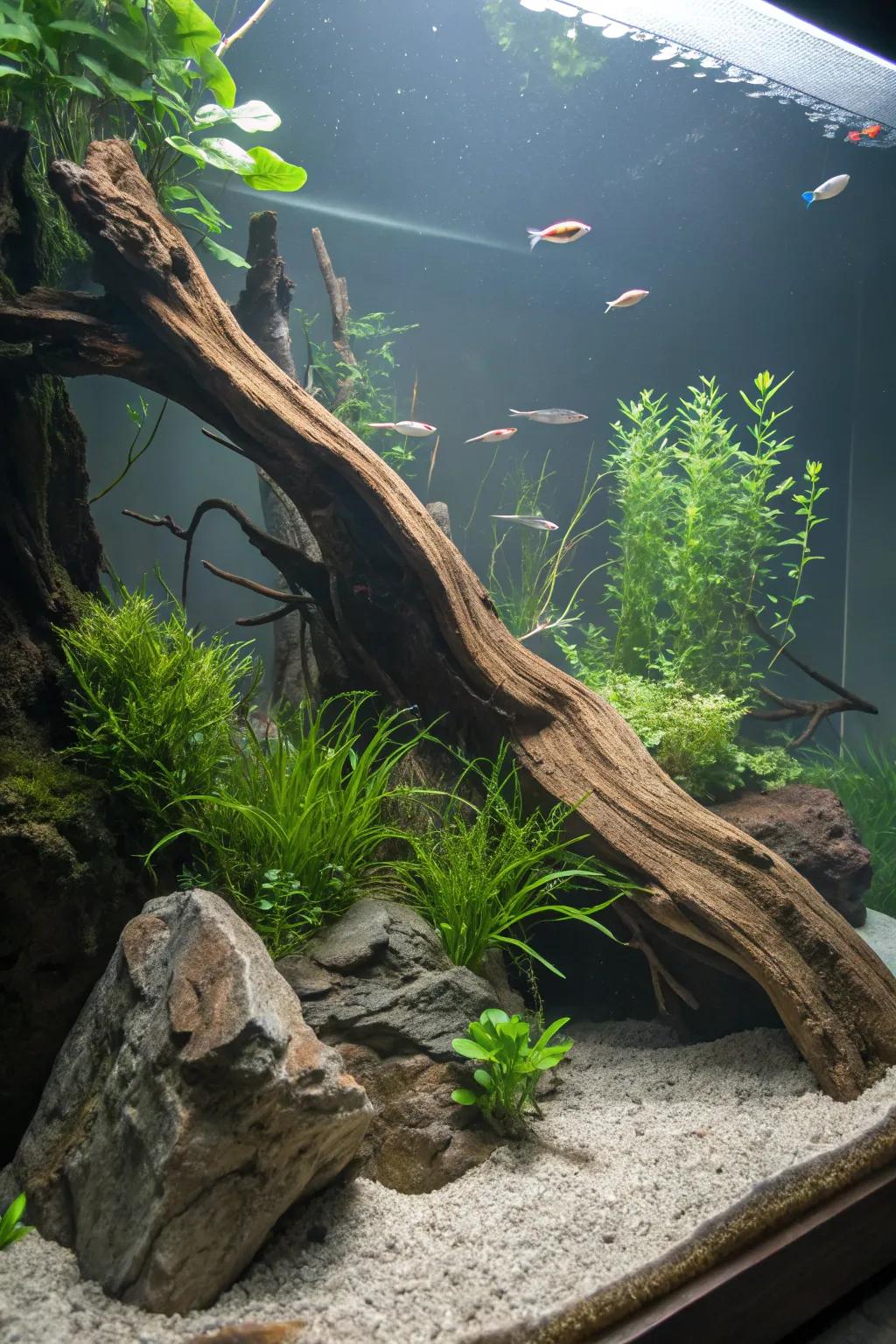 A serene riverbank waterscape featuring aquatic wood and flowing aquatic flora.