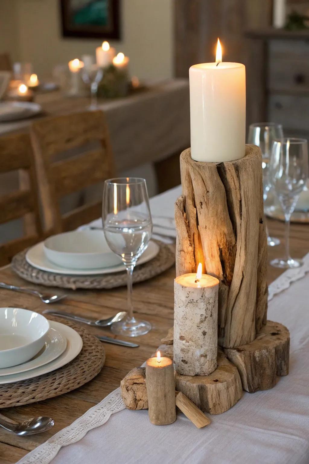 Driftwood candle stands present country-style sophistication.