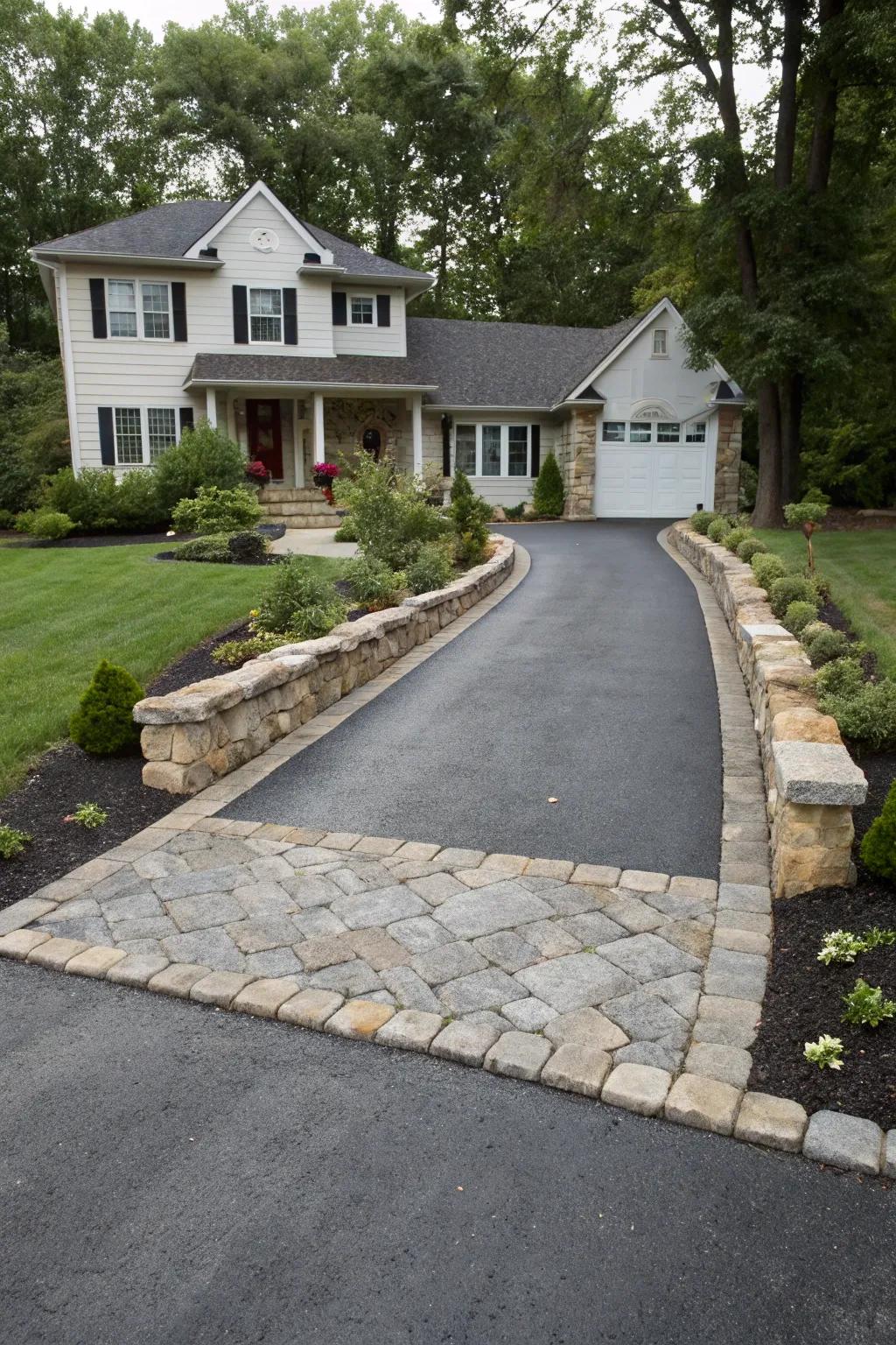Ornate borders add definition and flair to this driveway entrance.