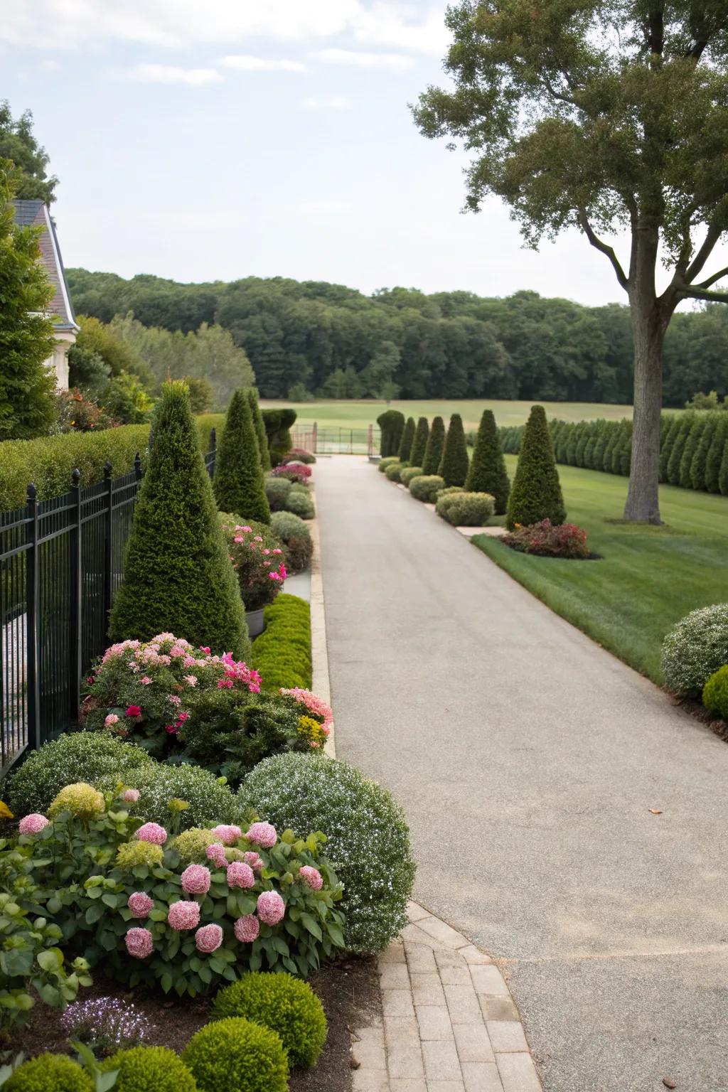 Elegant harmonious planting lining the driveway.