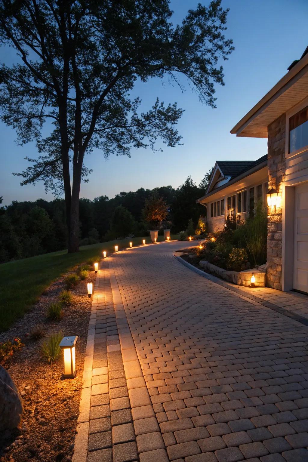 An enchanting evening driveway featuring integrated paver lighting.