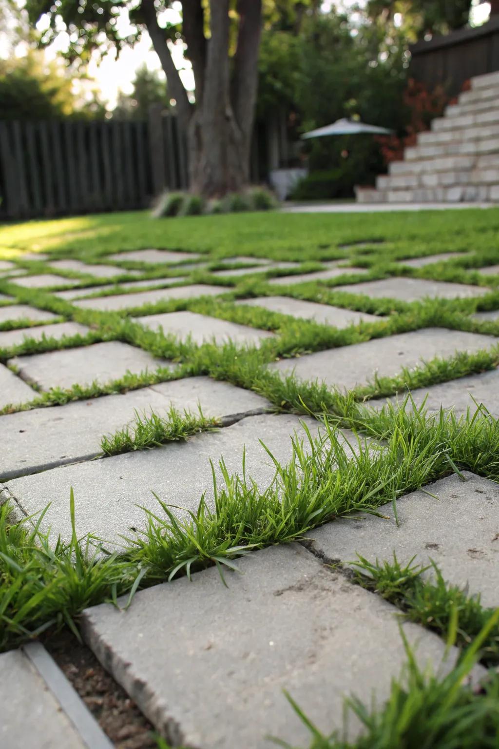 Pavers interlocked with grass for a perfectly balanced landscape.