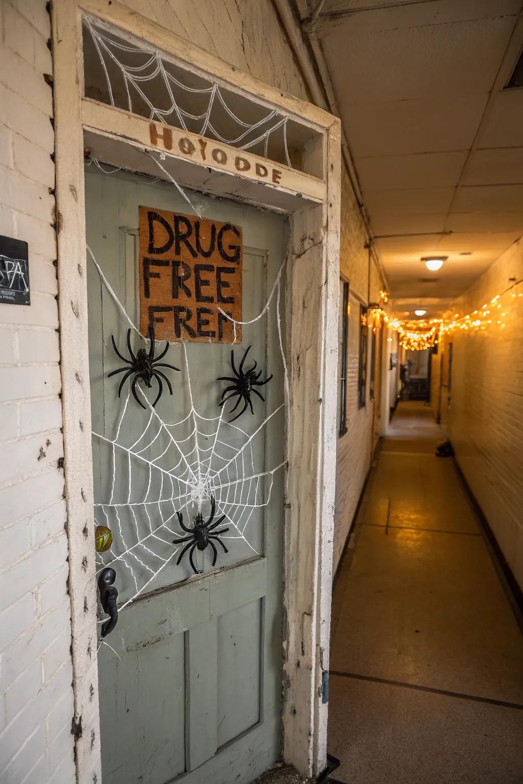 A spider web-themed door decoration using a substance-free message.