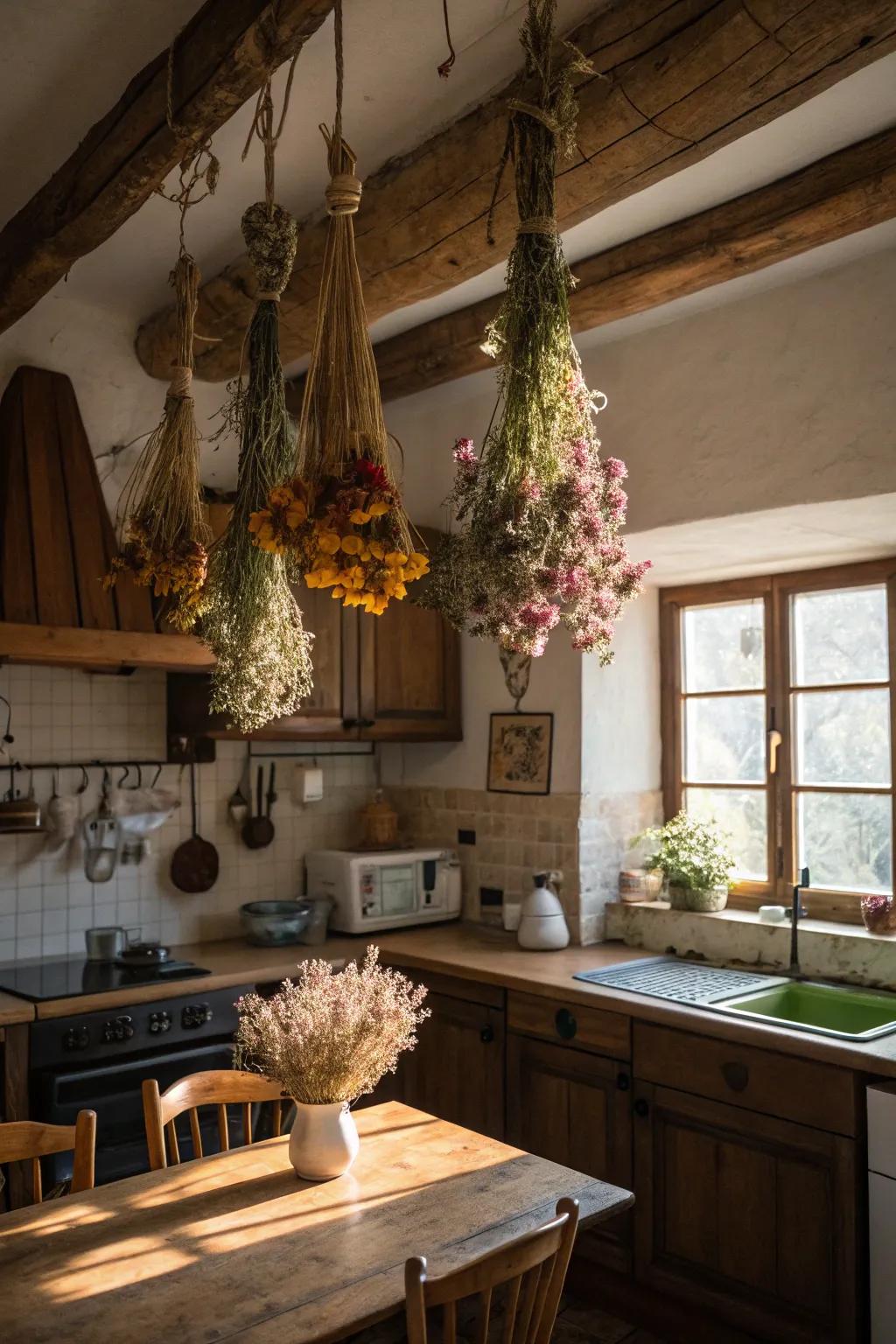 Whimsical hanging bouquets create a magical atmosphere.