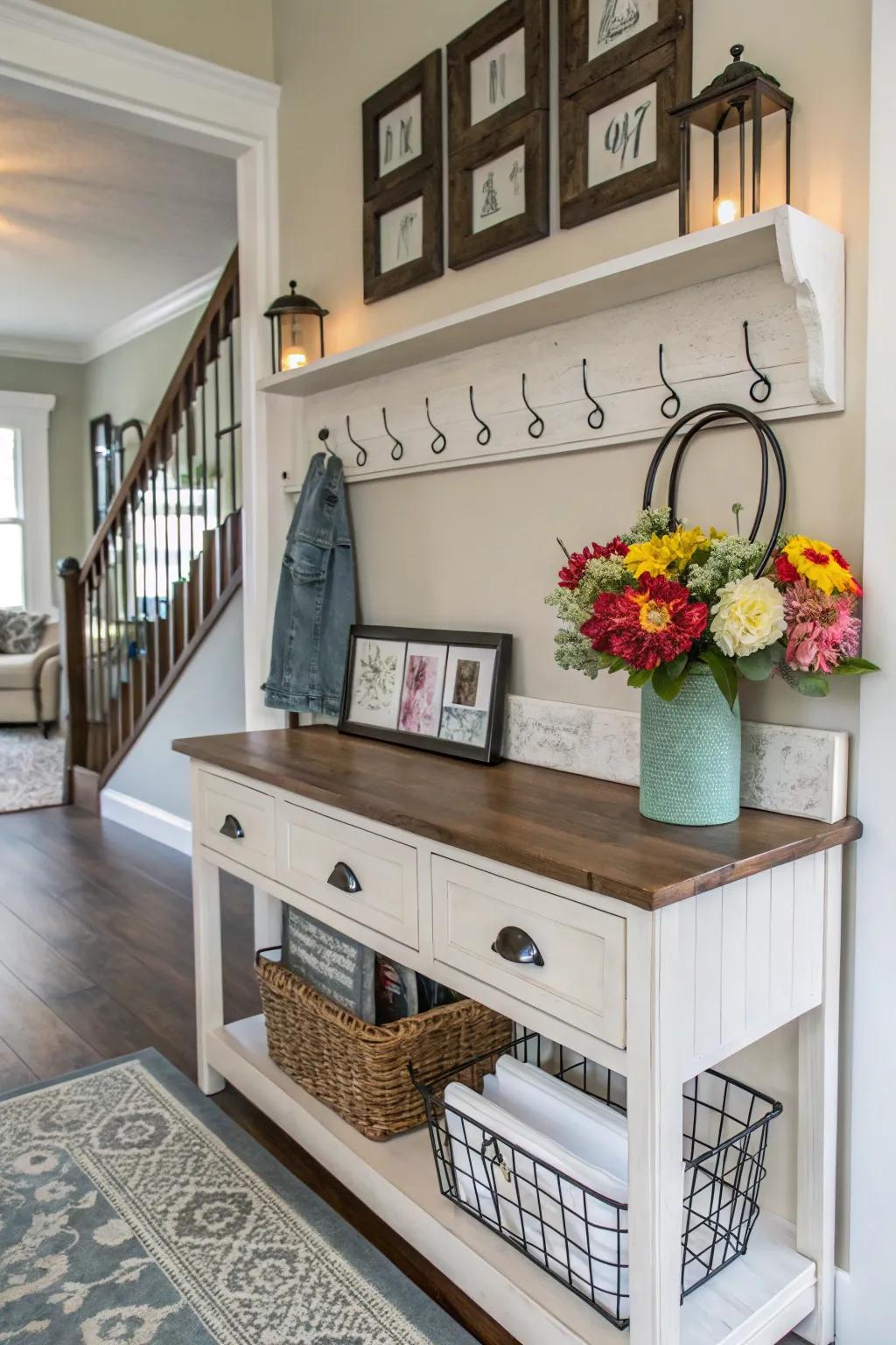A reclaimed storage unit becomes a functional entryway table.