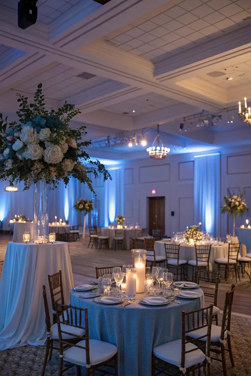 A reception space metamorphosed via the delicate radiance of hazy azure illumination, establishing a romantic disposition.