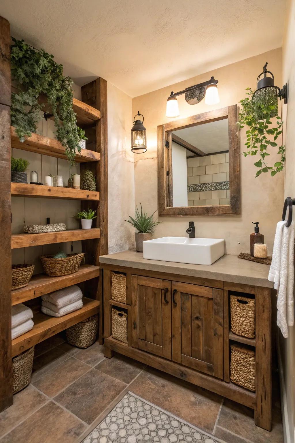 Reclaimed wood adds rustic charm and character to the bathroom.