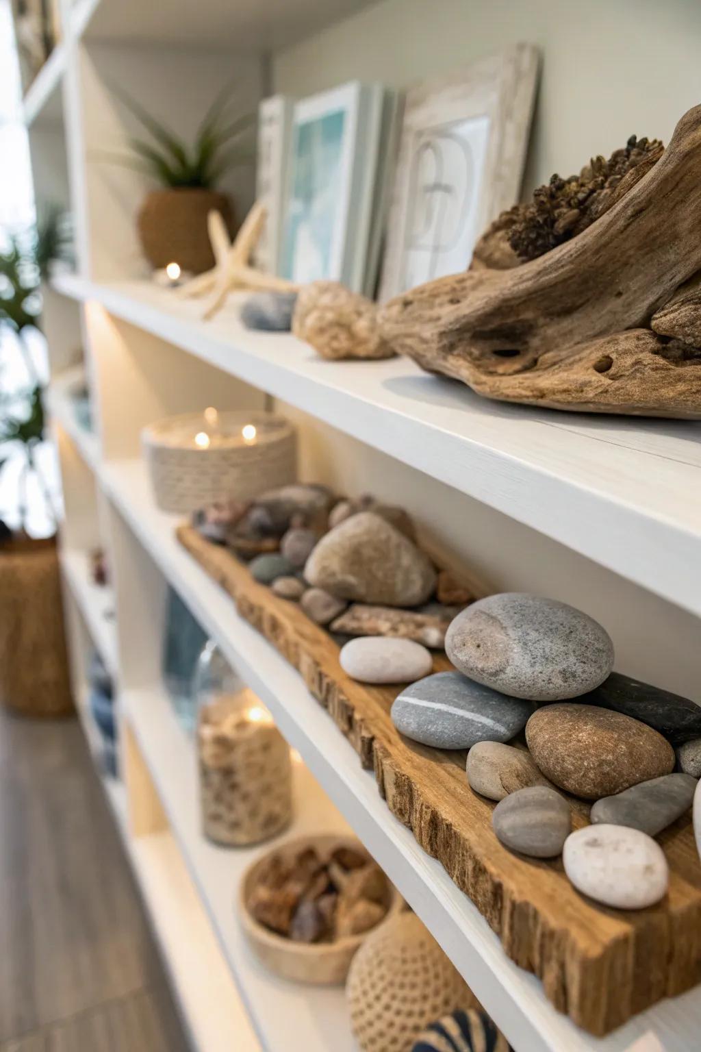 Shelf presenting natural souvenirs such as stones and driftwood.