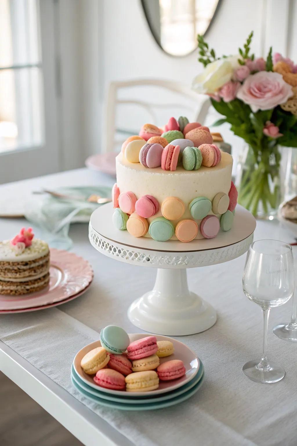 Small macarons append a Parisian flair to this Easter cake.