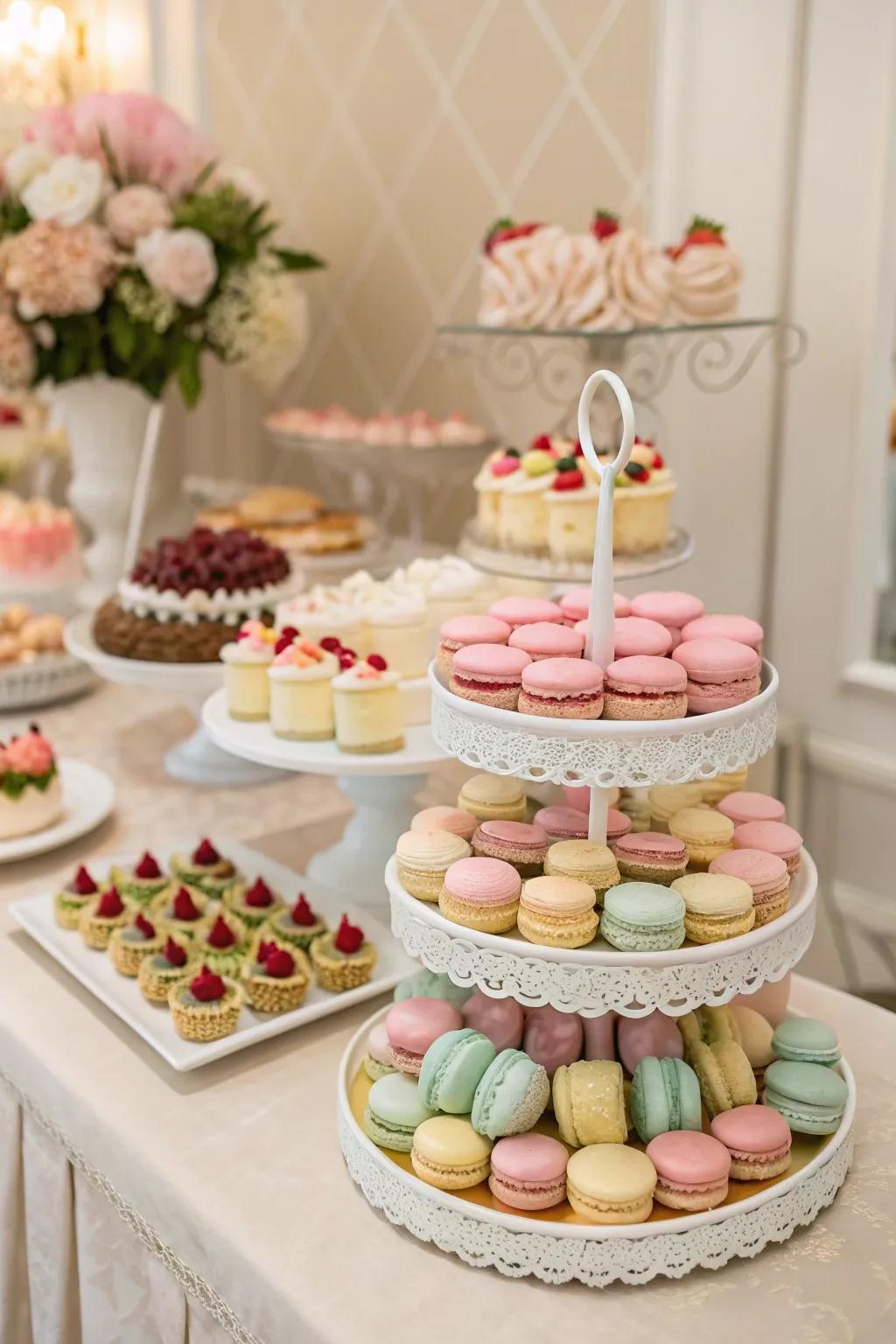 A wedding sweets bar showcasing delicate macarons and miniature carrot desserts.