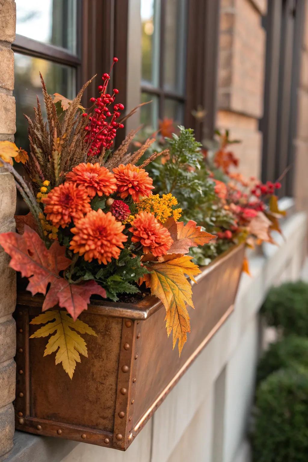 Copper planters add elegance to fall displays.