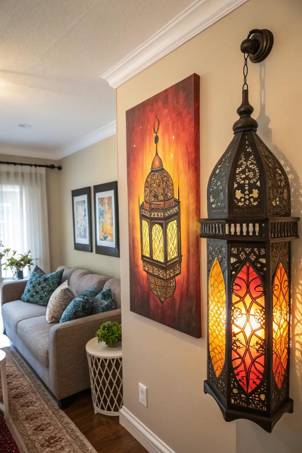 Islamic light fixture patterns radiate comfort and welcome.