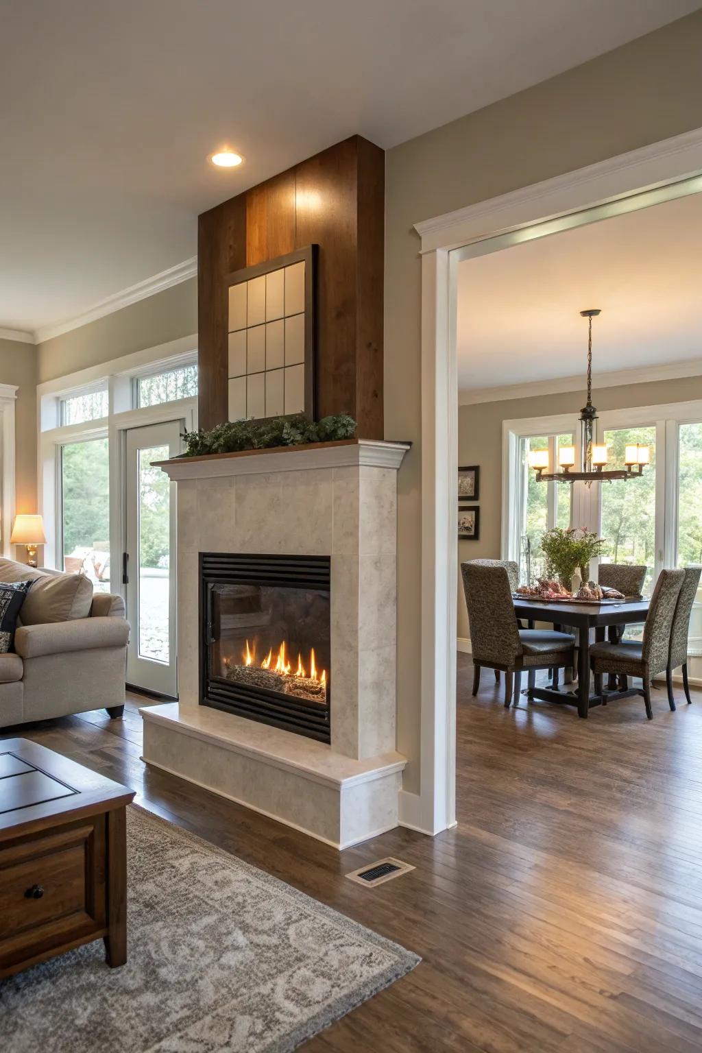 A two-sided fireplace delivers warmth and design throughout areas.