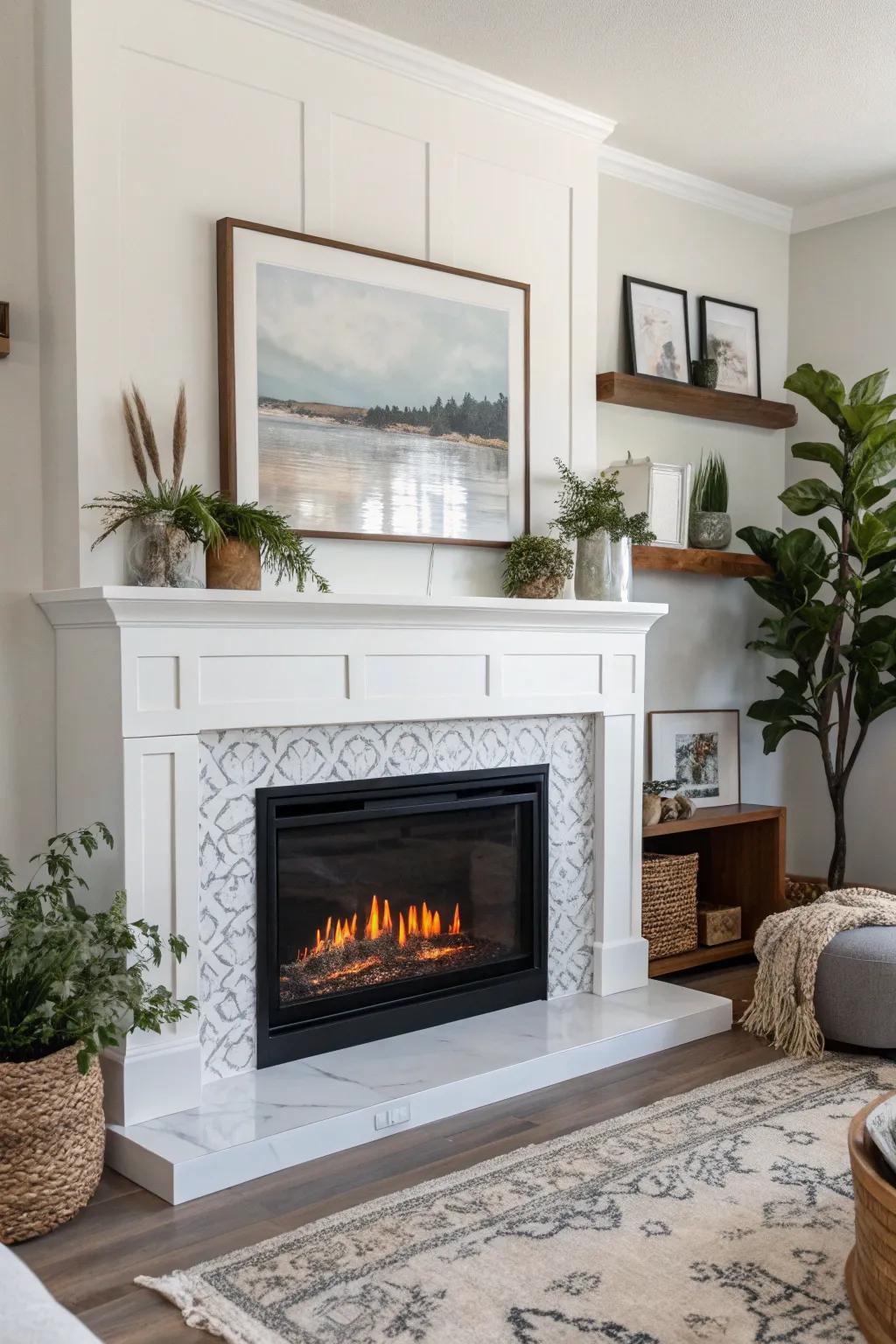 A modern mantel framing an electric firebox
