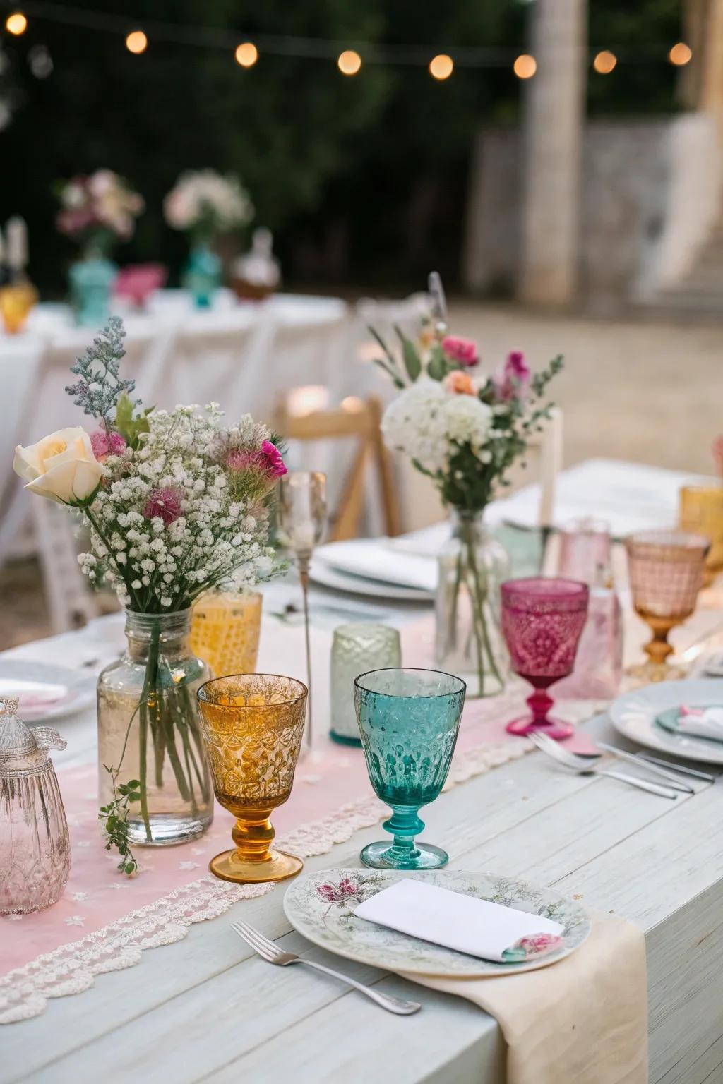 Eclectic glassware introduces a splash of color and individuality.
