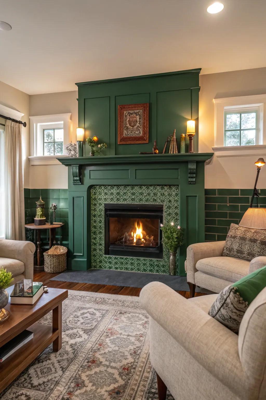 Deep green fireplace acting as a comfortable focal point.