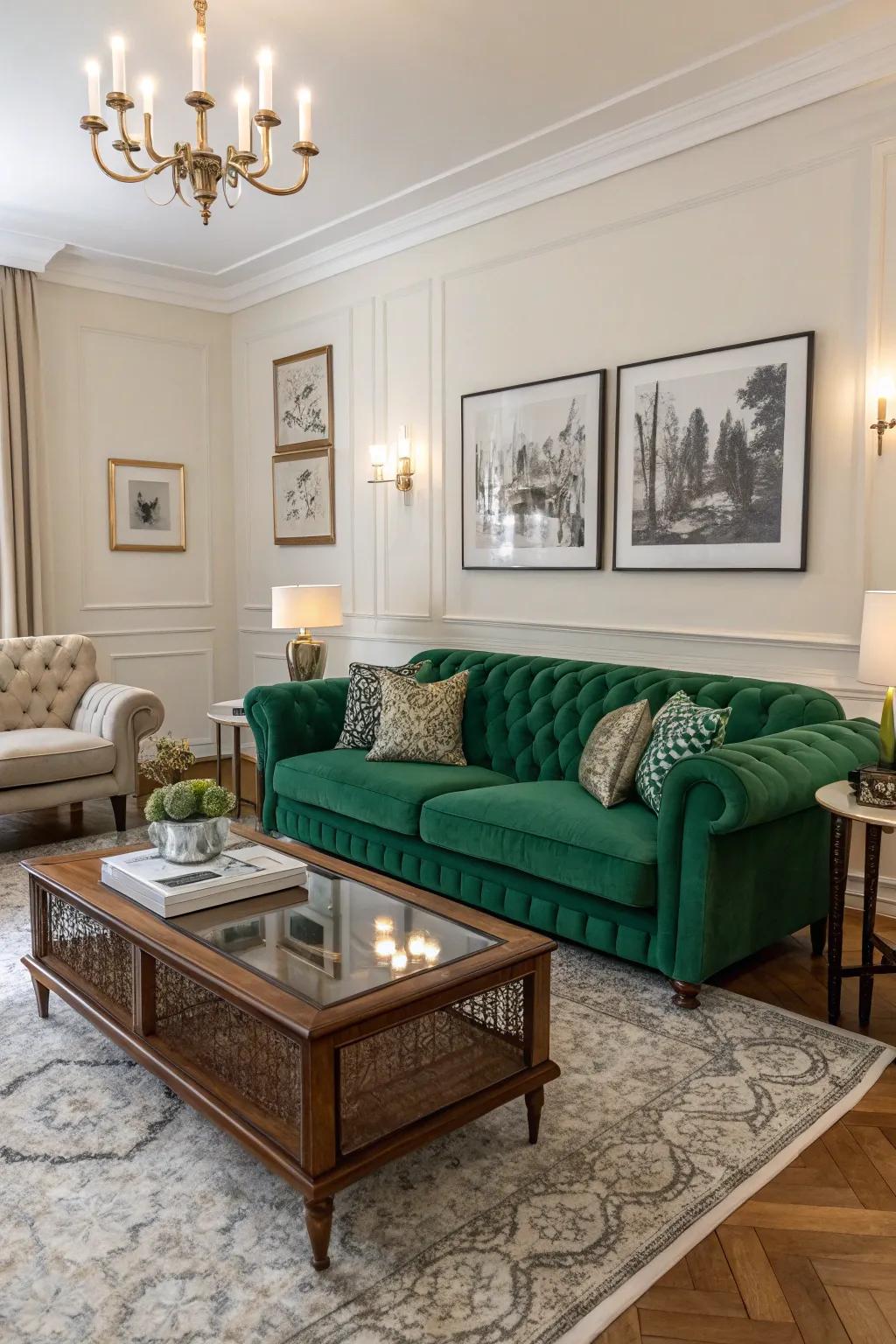 A blend of modern and classic styles with a deep-green couch.