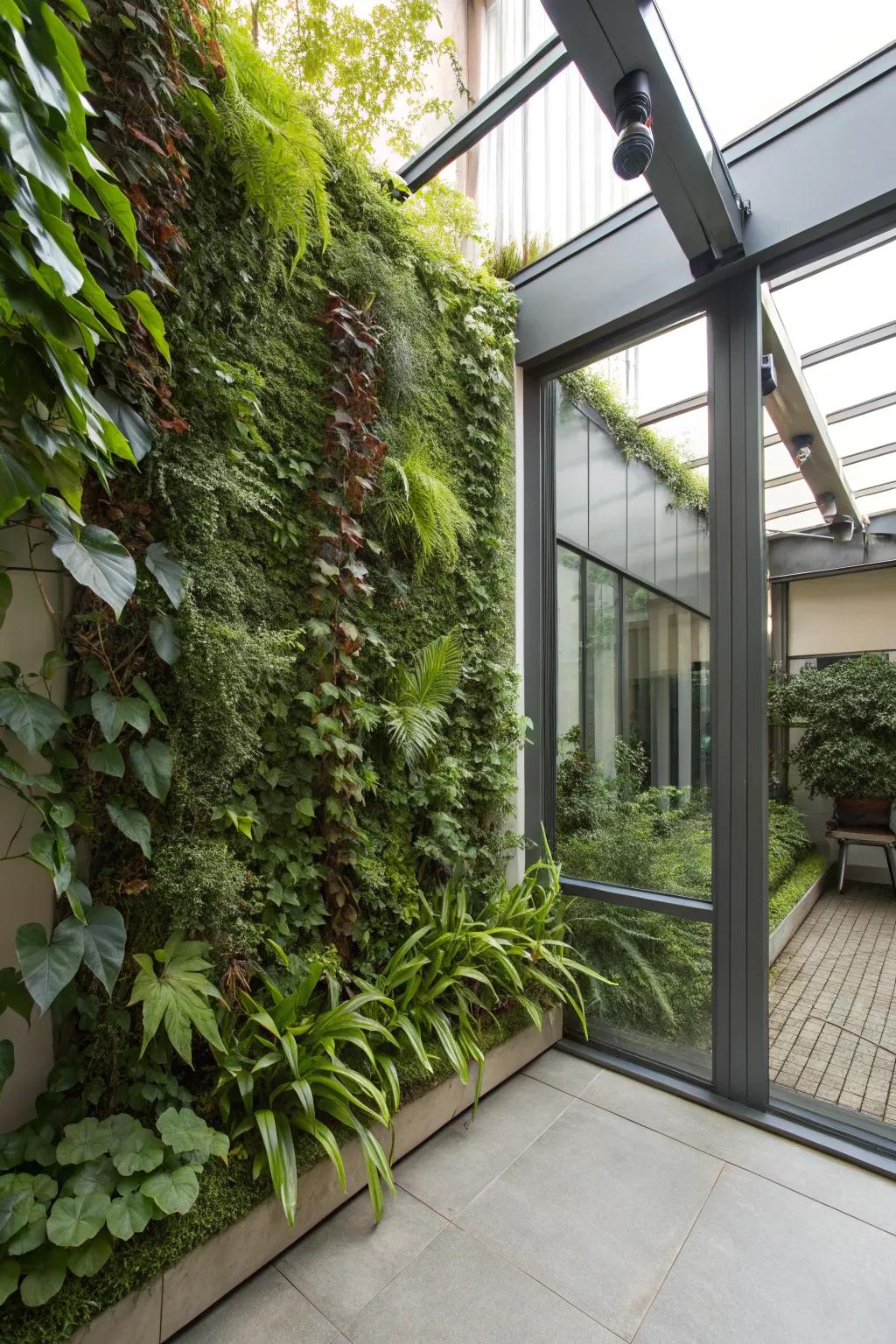 A vibrant vertical garden adds a touch of nature to the enclosed patio.