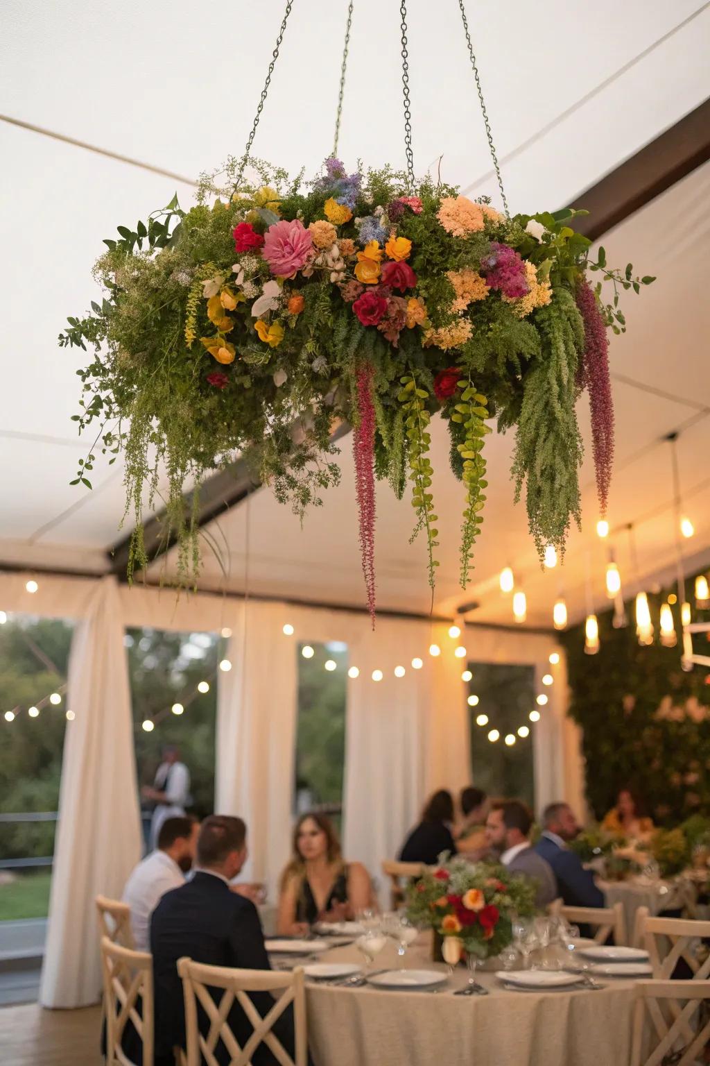 A show-stopping soaring bloom install serves as an appealing centerpiece.