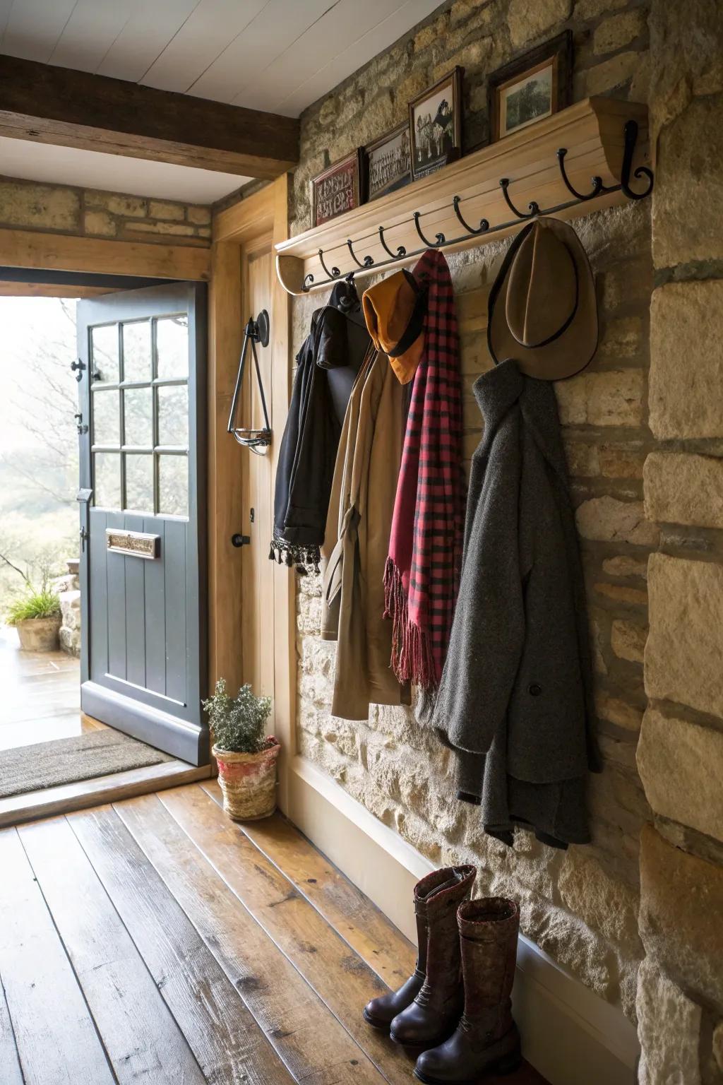 The use of functional and fashionable hook rails allows for effective organization.