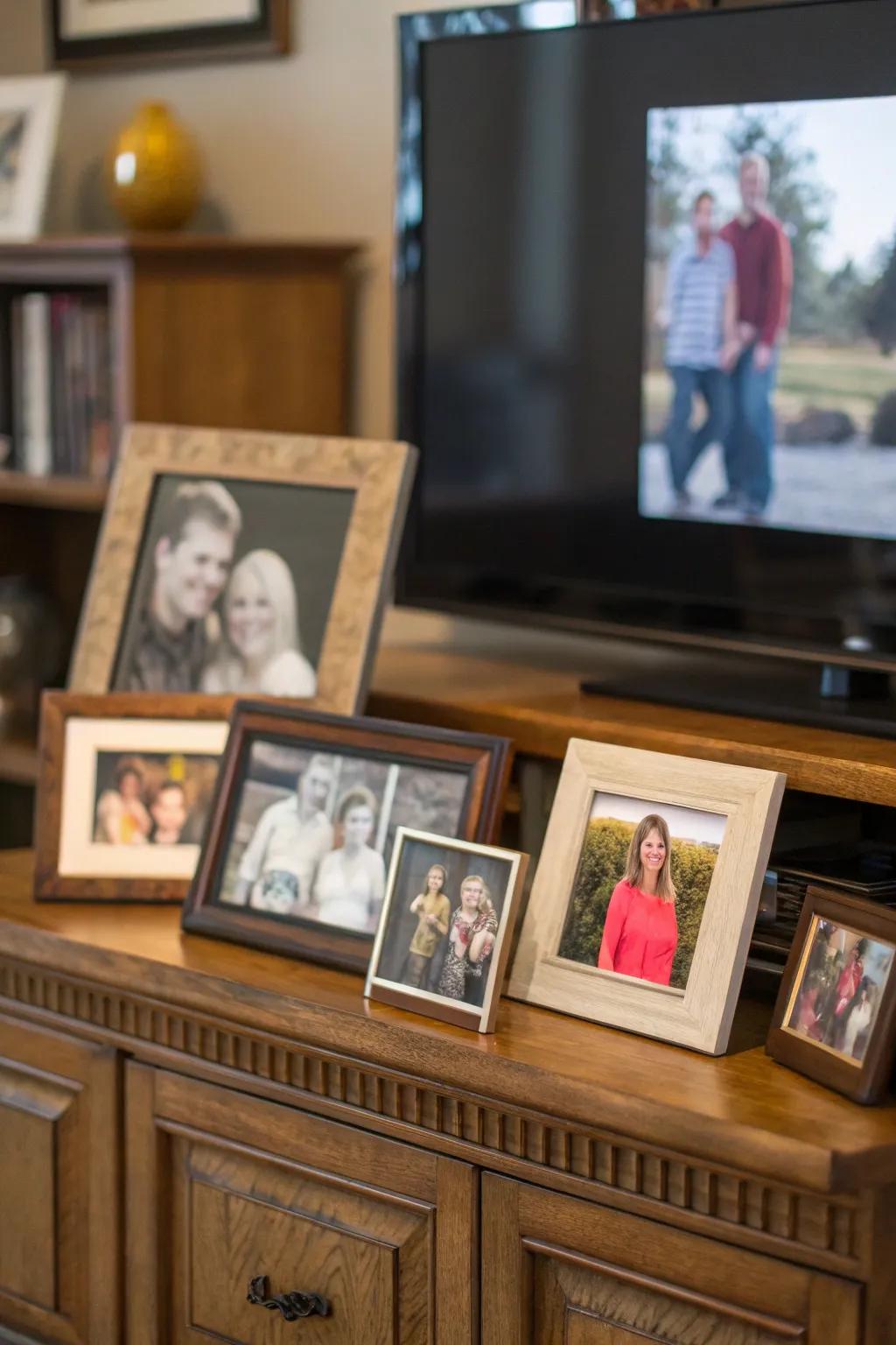 An array of family photos adds a personal touch to this entertainment center.