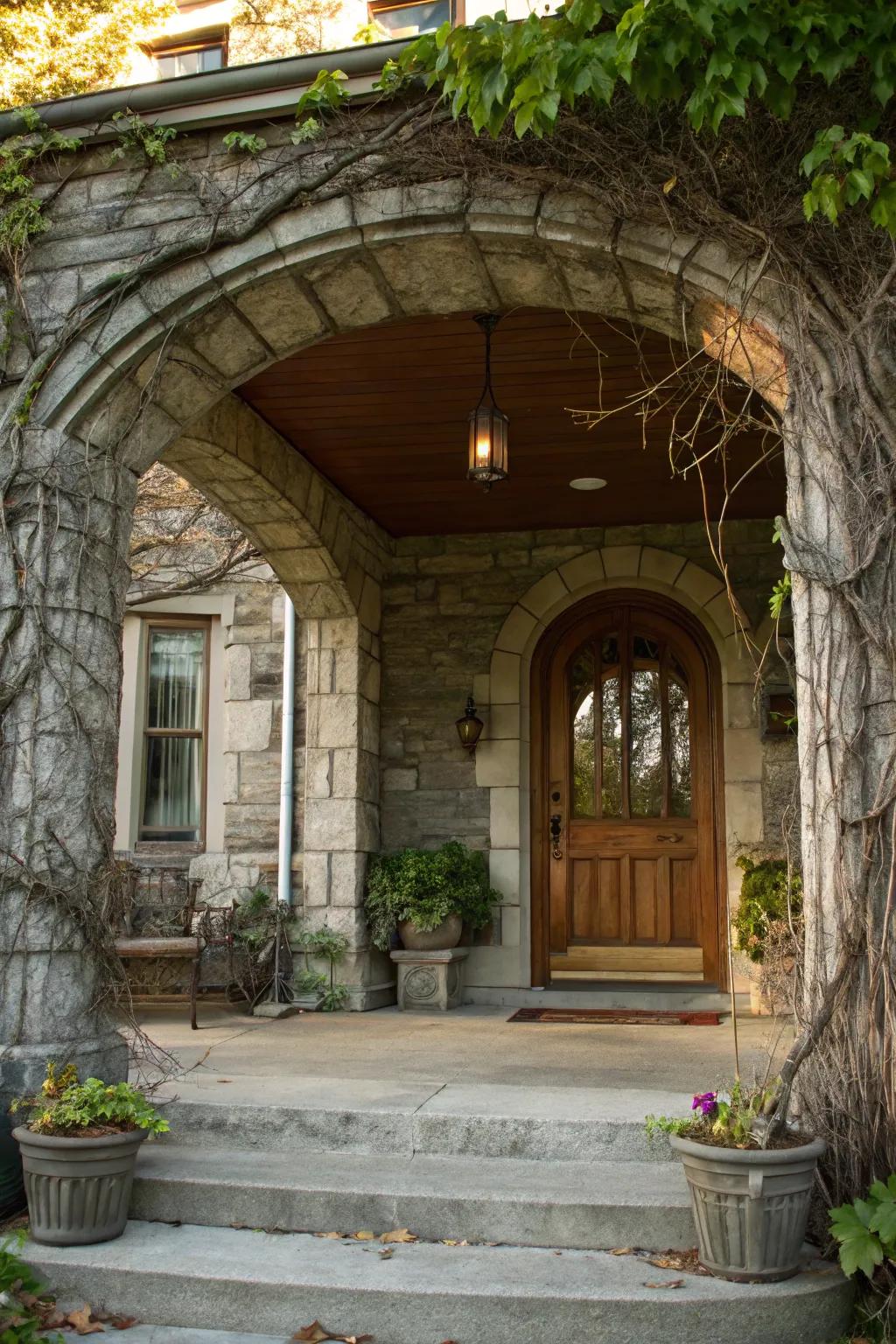 A gorgeous stone portal that elevates the elegance of the front porch.