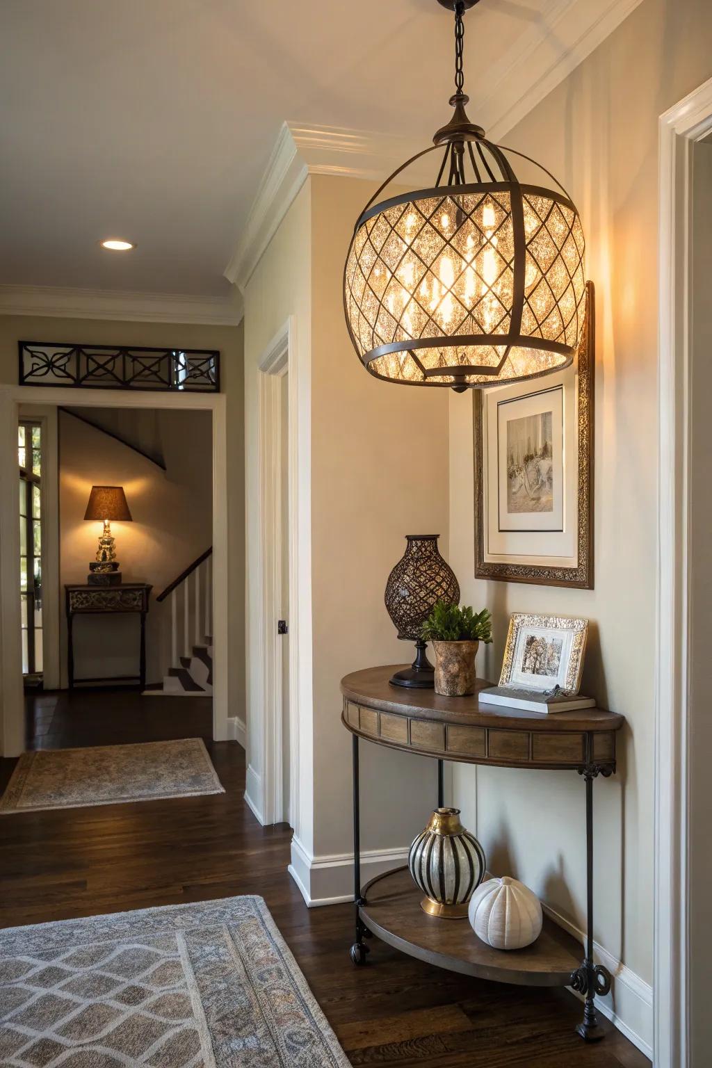 A distinctive lighting fixture enhances the entryway's atmosphere.