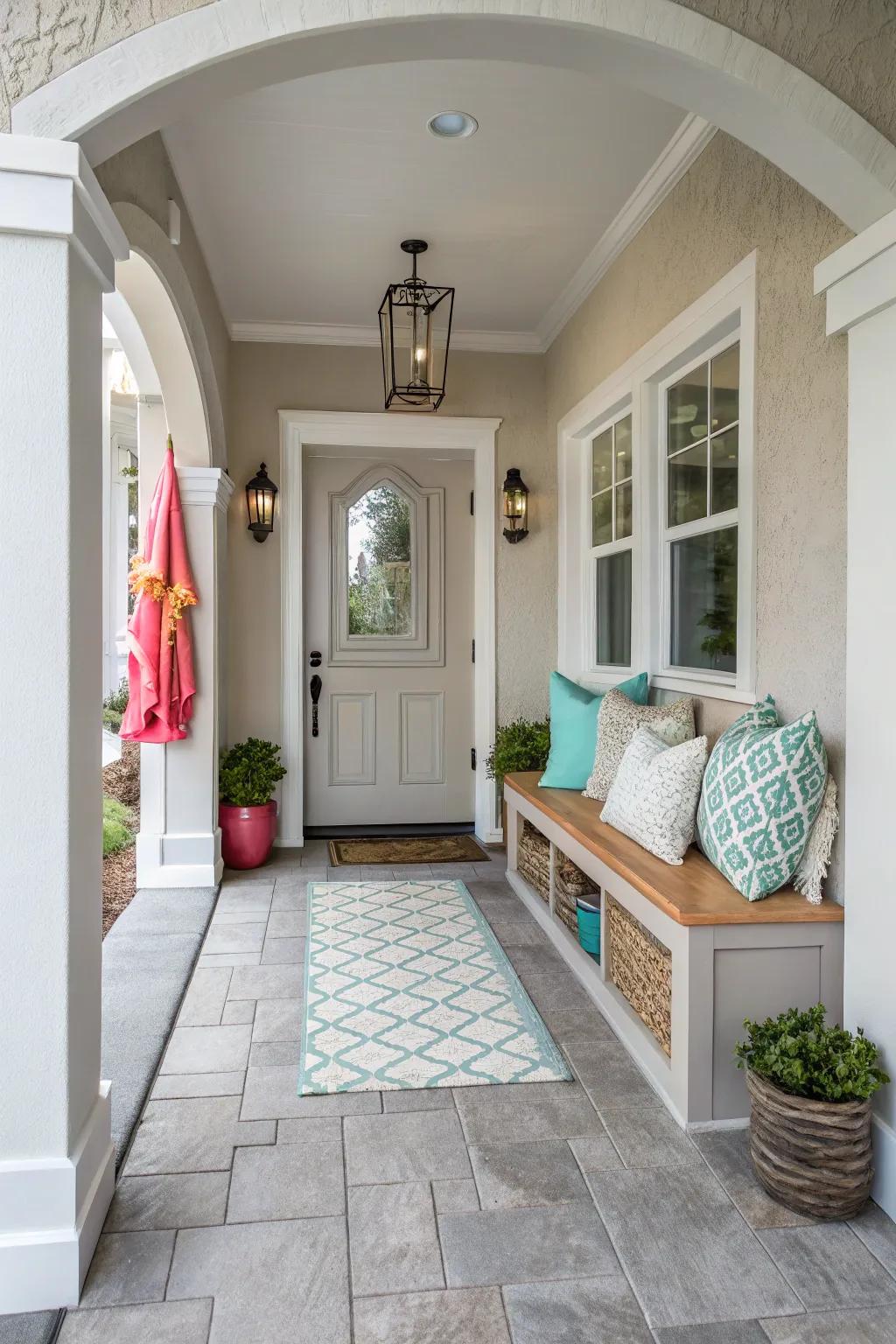 A consistent color palette creates a harmonious entryway.