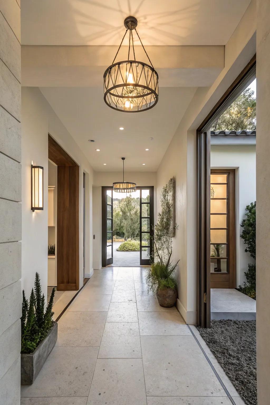 A minimalist entrance exhibiting a simple lighting fixture to engender an open and airy ambiance.