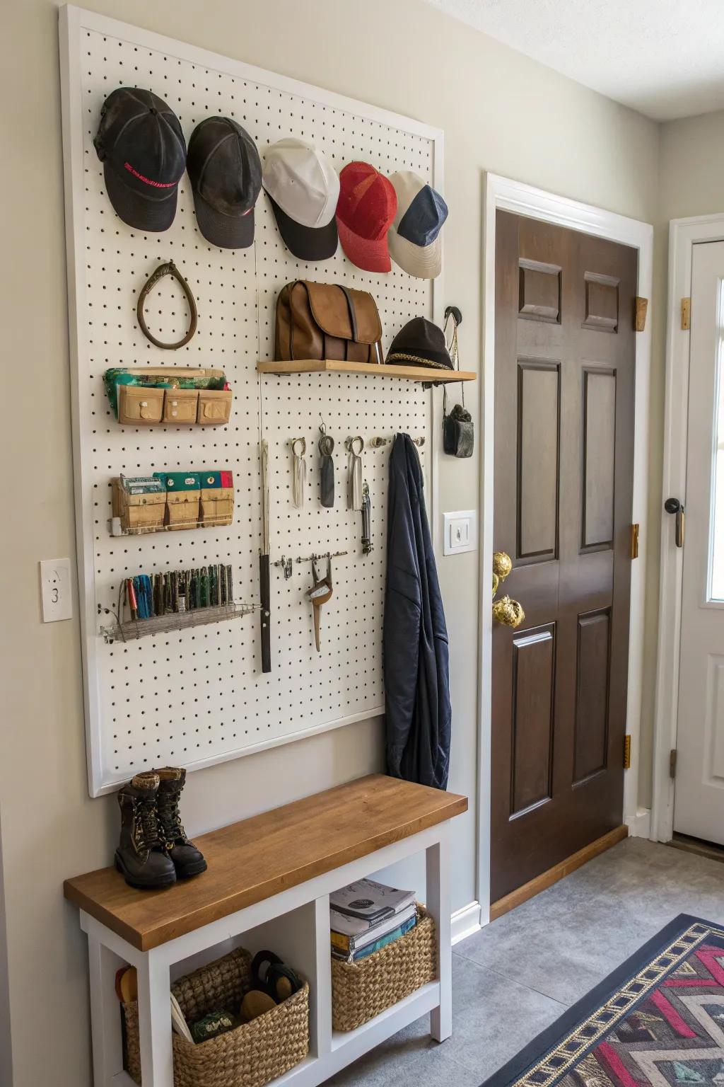 A pegboard wall offers customizable storage choices.