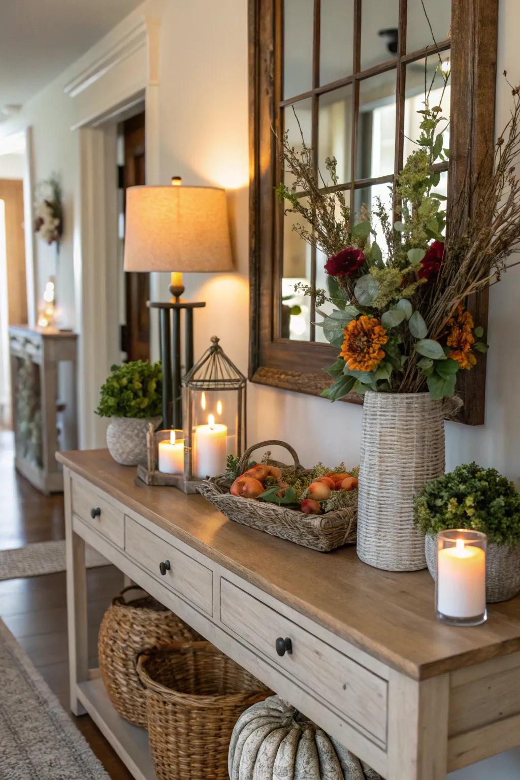 Seasonal decor sustains a fresh and vibrant entryway feel.