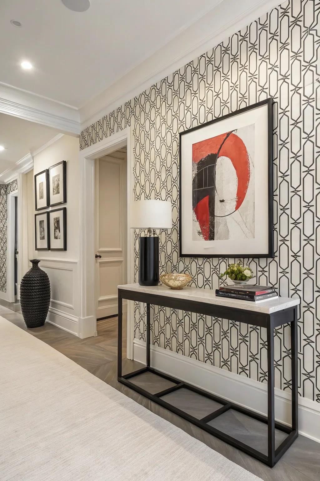 A sleek entryway displayed minimalist monochrome wallpaper for a contemporary look.