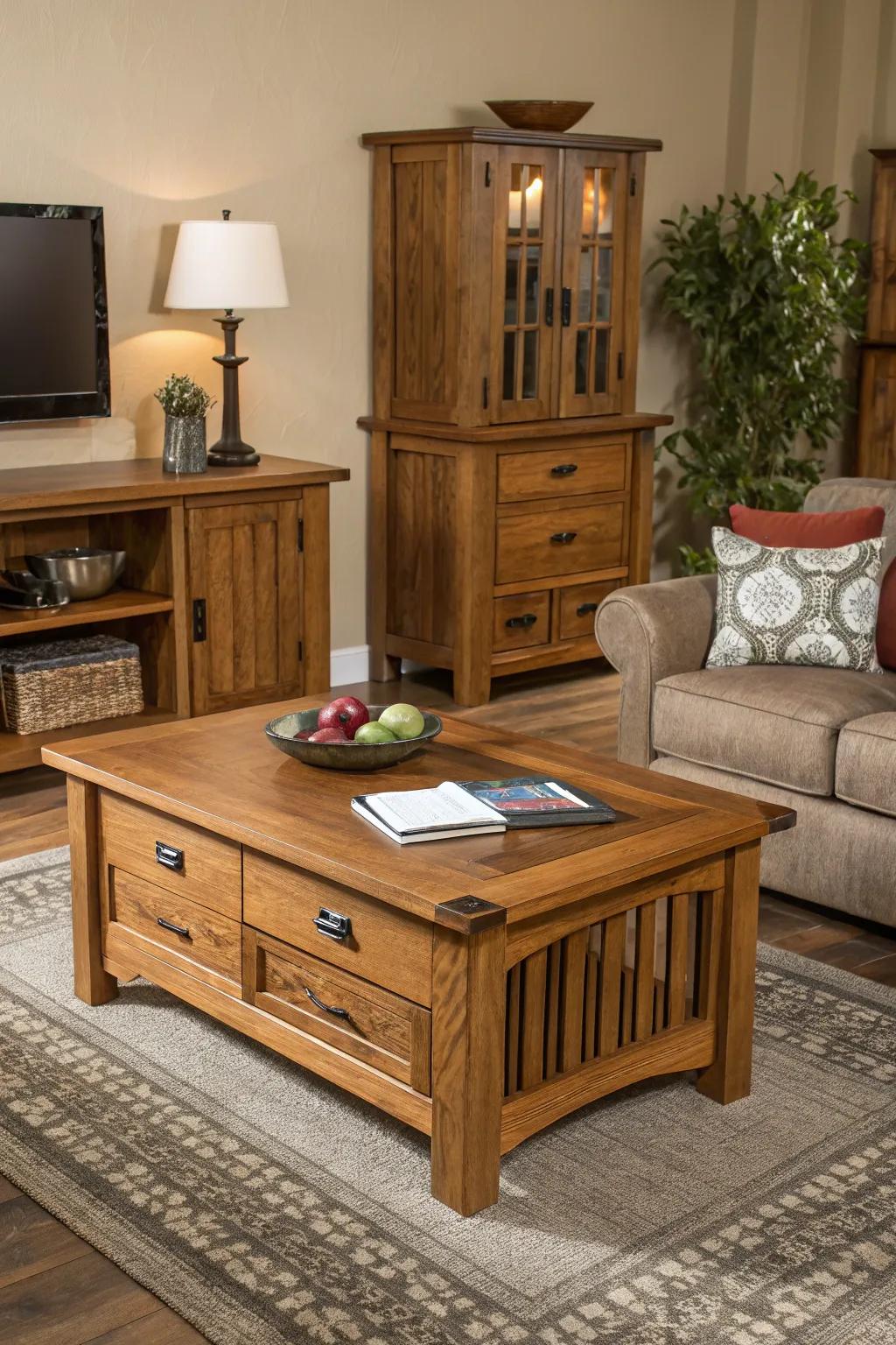 Wood hues contribute warmth to this European-style living space.