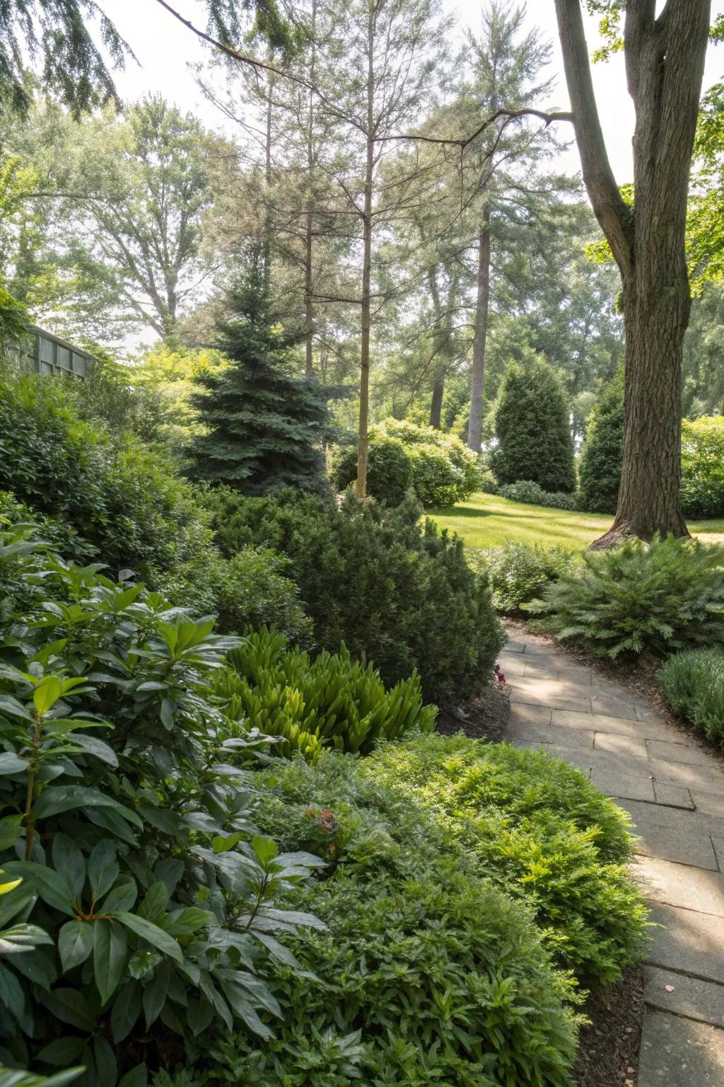 A shaded garden corner brightened by flourishing evergreen plants.