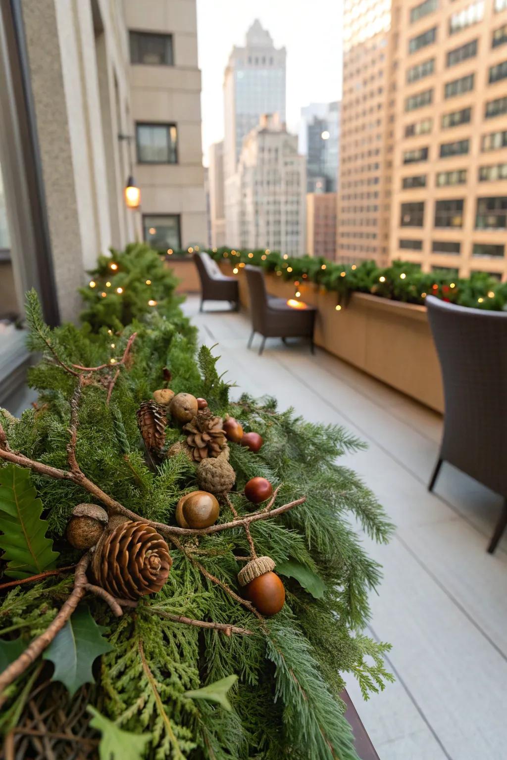 A nature-inspired swag featuring acorns and twigs inside an apartment.